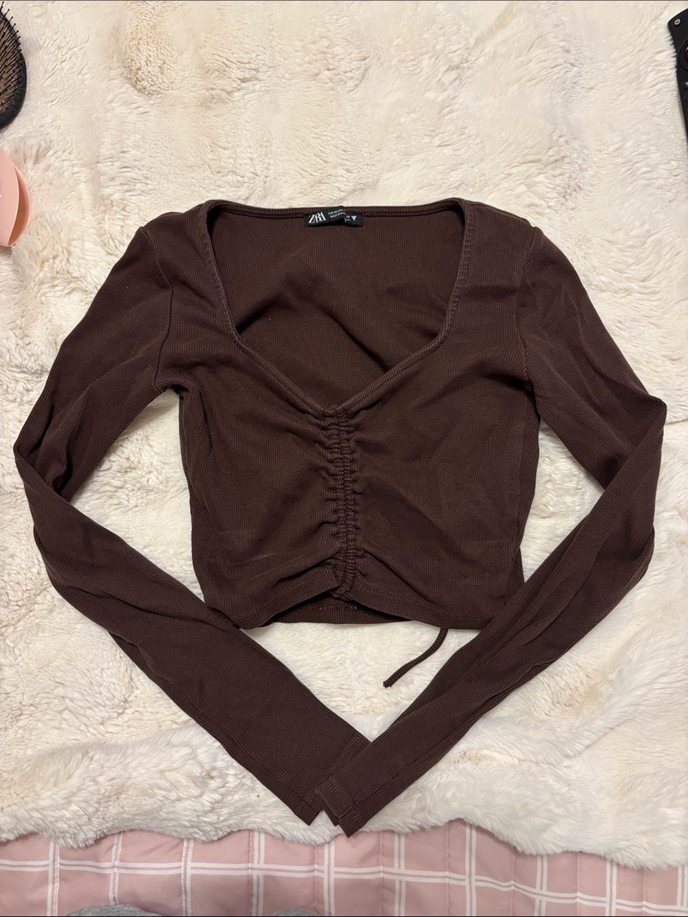 Zara Dark Brown Ruched Long Sleeve Crop Top